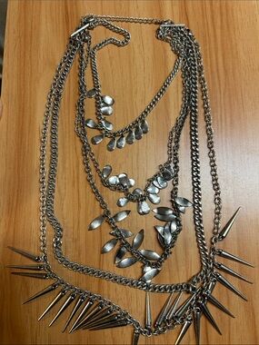 Layered Silver-Tone Spike & Leaf Statement Necklace